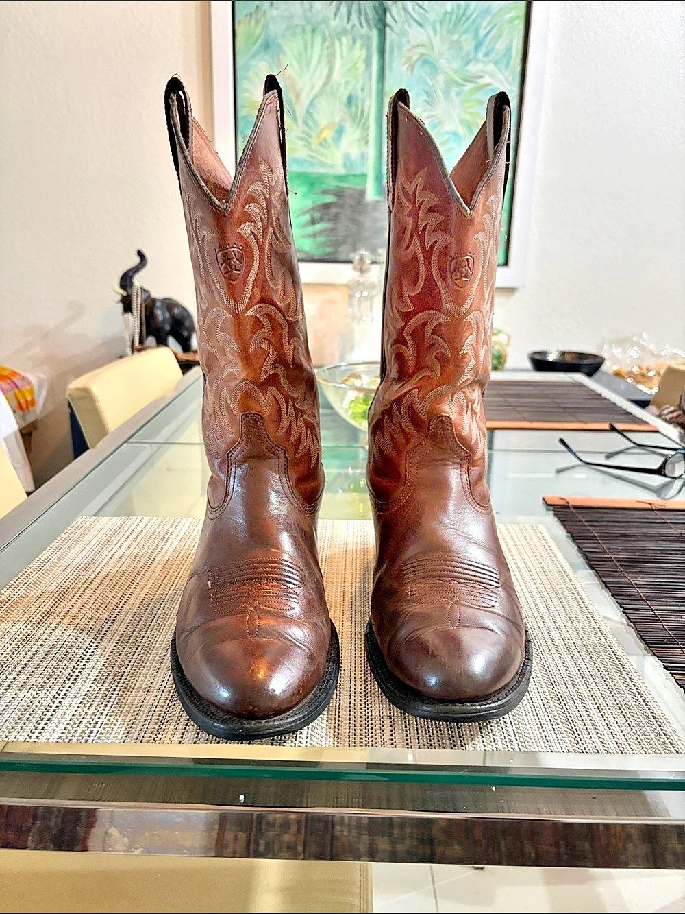 Ariat Heritage R Toe Western Boot Distressed Brown Embroidered Heeled Boots